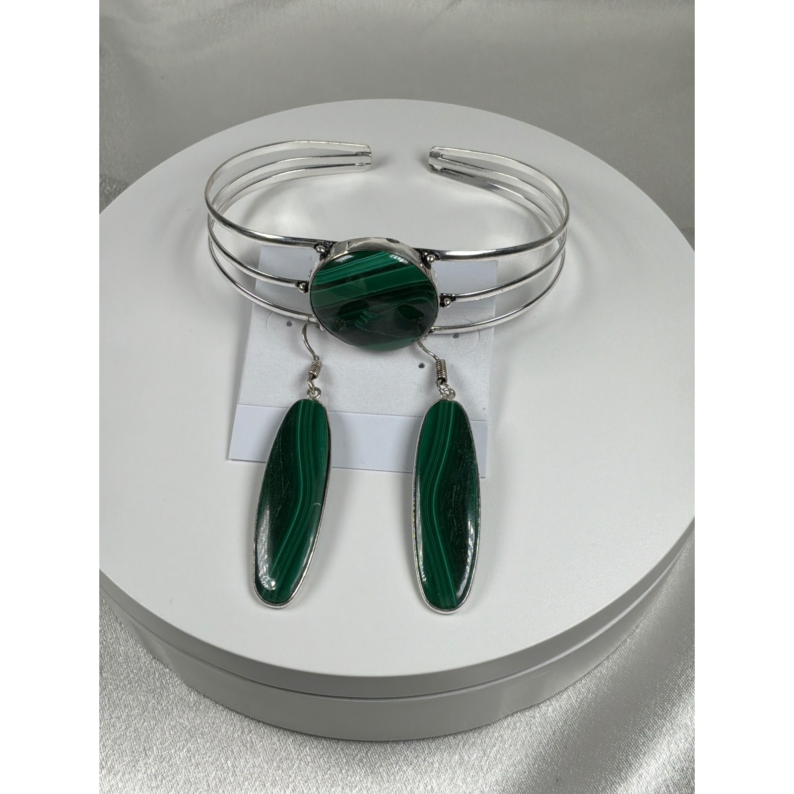Malachite Cuff Bracelet & Earring Set Adjustable Statement Jewelry